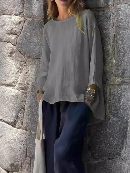 Usphonecards - Women Solid Color Cotton And Linen Long Sleeve Shirt