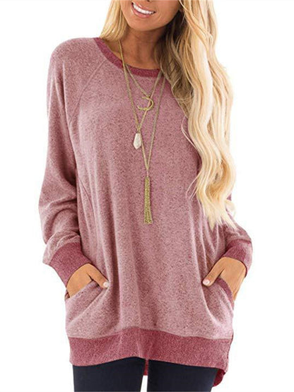 Autumn and Winter Women's Round Neck Color Collision Pocket Sweater Long-sleeved Sweatshirt Casual T-shirt