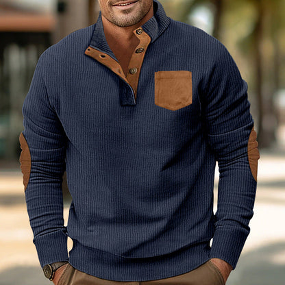 Men's pocket stand collar long sleeve corduroy colorblock sweatshirt