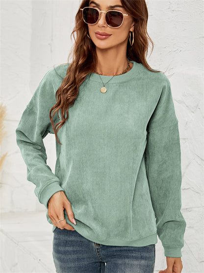 Women's Corduroy Sweater Round Neck Long-sleeved Tops Fall and Winter