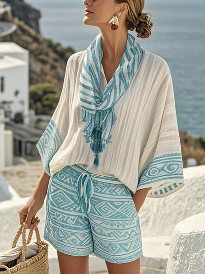 Ladies' Collar Vertical Print Casual Set