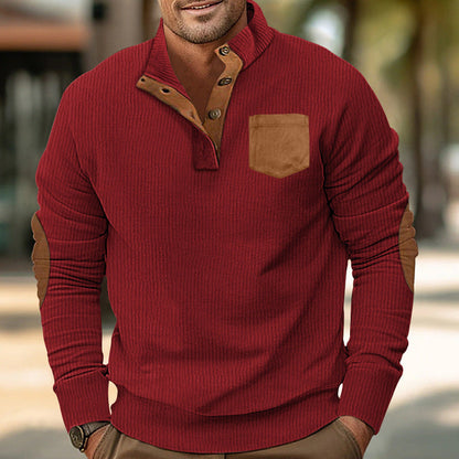 Men's pocket stand collar long sleeve corduroy colorblock sweatshirt