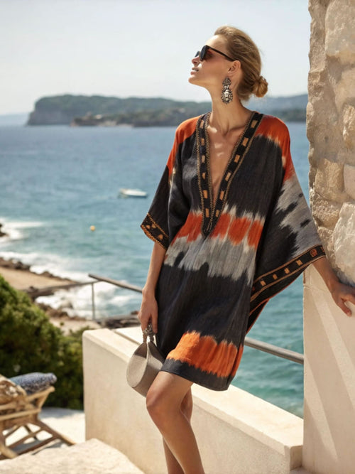 Ladies' V-neck Printed Casual Loose Fit Dress