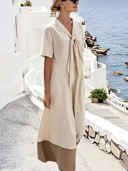Women'S Loose Knot Neck Stitching Contrast Color Dress