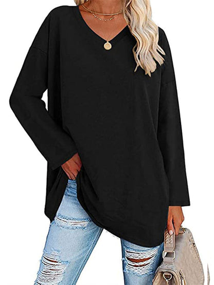 Ladies T-shirt New Multi-color Loose Drop Shoulder Sleeve V-neck Solid Color Women's Tops