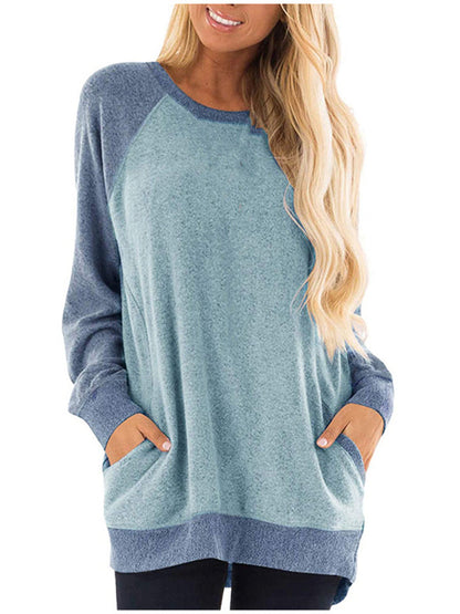 Autumn and Winter Women's Round Neck Color Collision Pocket Sweater Long-sleeved Sweatshirt Casual T-shirt