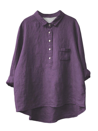 Women's New Long-sleeved Chinese Style Bamboo Hemp Printing Fashionable Versatile Lapel Solid Color Shirt