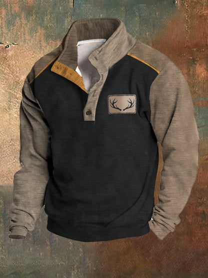 Men's Fleece Vintage Western Antler Hunting Enthusiast Stand Collar Sweatshirt