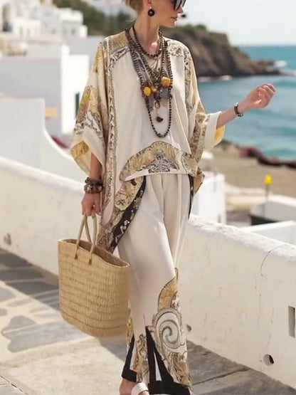 Women'S Loose Printed Wide Leg Pants Set