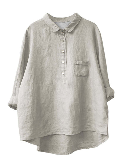 Women's New Long-sleeved Chinese Style Bamboo Hemp Printing Fashionable Versatile Lapel Solid Color Shirt