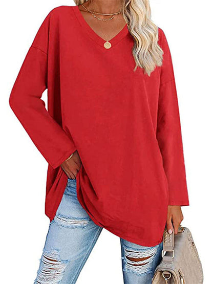 Ladies T-shirt New Multi-color Loose Drop Shoulder Sleeve V-neck Solid Color Women's Tops