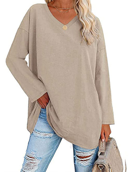 Ladies T-shirt New Multi-color Loose Drop Shoulder Sleeve V-neck Solid Color Women's Tops