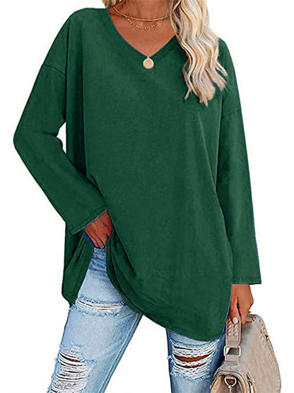Ladies T-shirt New Multi-color Loose Drop Shoulder Sleeve V-neck Solid Color Women's Tops