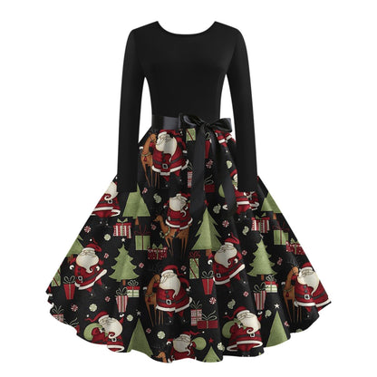 JO | digital print fall retro christmas festival printed round neck long sleeve big hem dress
