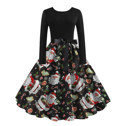JO | digital print fall retro christmas festival printed round neck long sleeve big hem dress