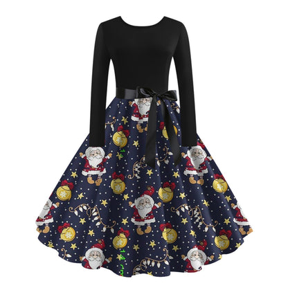 JO | digital print fall retro christmas festival printed round neck long sleeve big hem dress