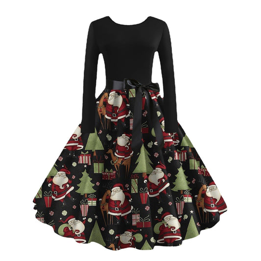 JO | digital print fall retro christmas festival printed round neck long sleeve big hem dress