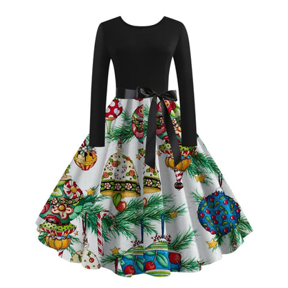 JO | digital print fall retro christmas festival printed round neck long sleeve big hem dress