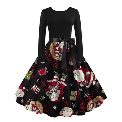 JO | digital print fall retro christmas festival printed round neck long sleeve big hem dress