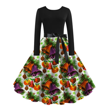 JO | digital print fall retro christmas festival printed round neck long sleeve big hem dress