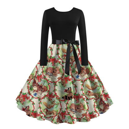 JO | digital print fall retro christmas festival printed round neck long sleeve big hem dress