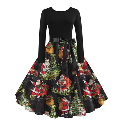 JO | digital print fall retro christmas festival printed round neck long sleeve big hem dress