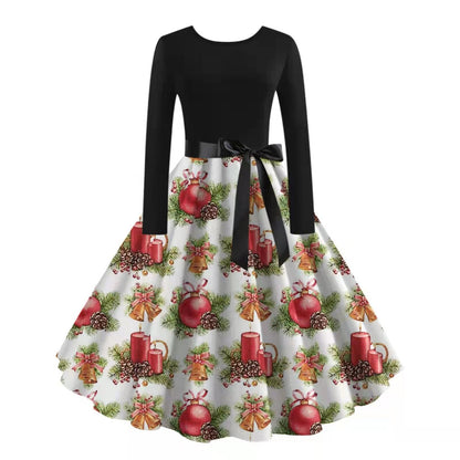 JO | digital print fall retro christmas festival printed round neck long sleeve big hem dress