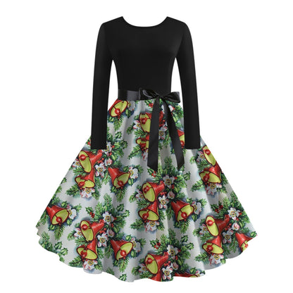 JO | digital print fall retro christmas festival printed round neck long sleeve big hem dress
