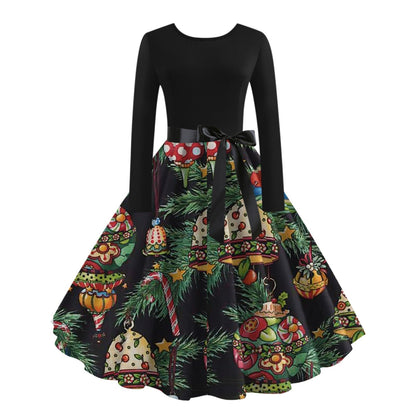 JO | digital print fall retro christmas festival printed round neck long sleeve big hem dress