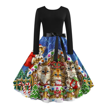 JO | digital print fall retro christmas festival printed round neck long sleeve big hem dress