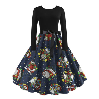 JO | digital print fall retro christmas festival printed round neck long sleeve big hem dress