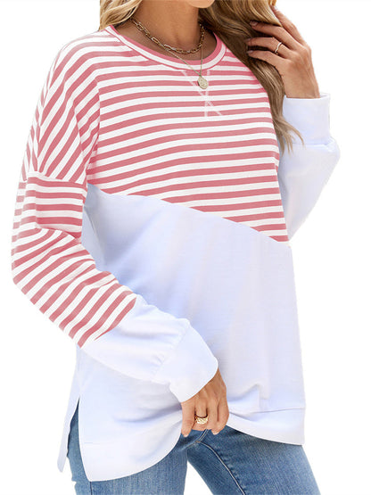Women's New Fall and Winter Solid Color Round Neck Hit Color Striped Long-sleeved Sweater T-shirt