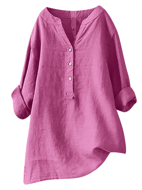 Summer Women's Cotton Linen Loose Solid Color Blouse Cotton Linen Long Sleeve Tops Pocket S-5XL