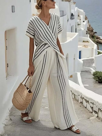 Women Summer Loose Striped Resort Pants Set