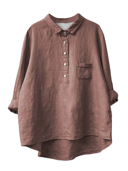 Women's New Long-sleeved Chinese Style Bamboo Hemp Printing Fashionable Versatile Lapel Solid Color Shirt