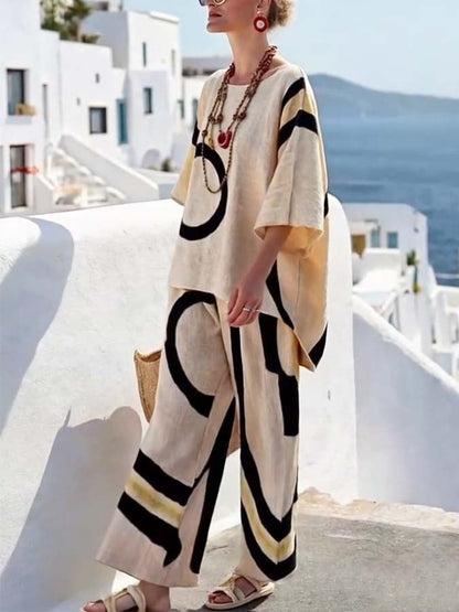 Women'S Loose Printed Wide Leg Pants Set