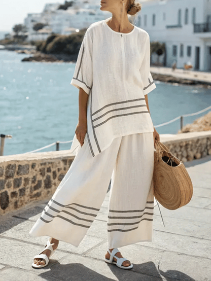Women Summer Loose Slit Irregular Striped Pants Set