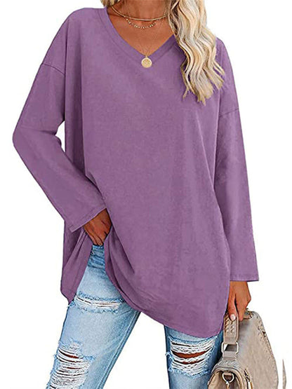 Ladies T-shirt New Multi-color Loose Drop Shoulder Sleeve V-neck Solid Color Women's Tops