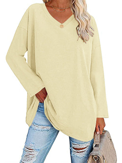 Ladies T-shirt New Multi-color Loose Drop Shoulder Sleeve V-neck Solid Color Women's Tops