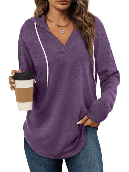 HOT SALE -Women's Casual V Neck Long Sleeve Drawstring Hoodie Sweatshirts