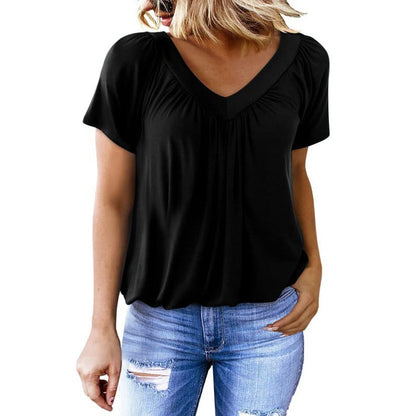 Casual Women's Top with Pleated V-Neck and Short Sleeves