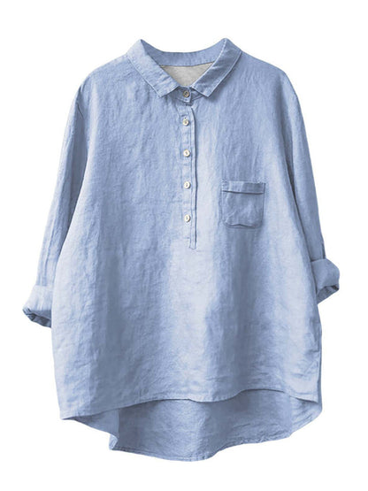 Women's New Long-sleeved Chinese Style Bamboo Hemp Printing Fashionable Versatile Lapel Solid Color Shirt