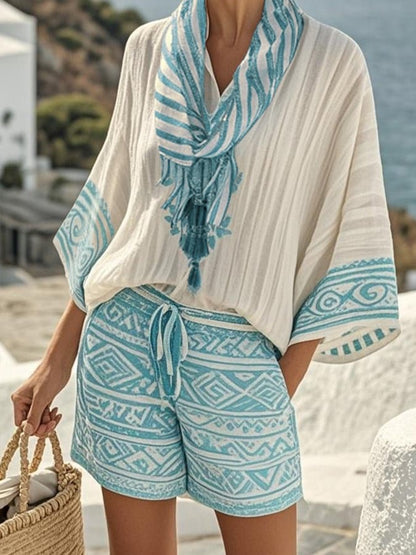 Ladies' Collar Vertical Print Casual Set