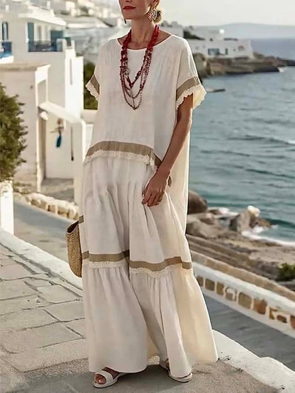 Women Summer Loose Striped Lace Stitching Dress