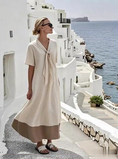 Women'S Loose Knot Neck Stitching Contrast Color Dress