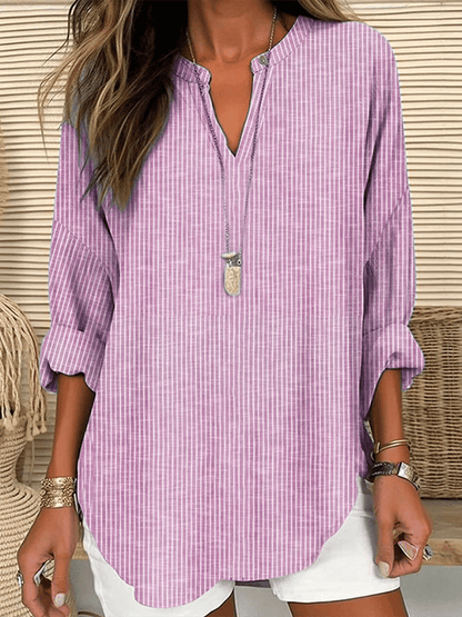 Women's Long Sleeve v-Neck Solid Color Loose Striped Shirt