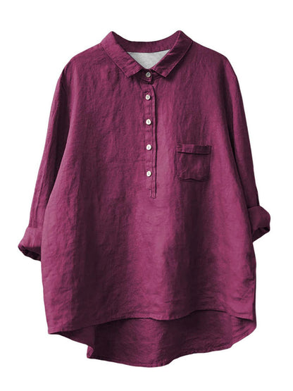 Women's New Long-sleeved Chinese Style Bamboo Hemp Printing Fashionable Versatile Lapel Solid Color Shirt