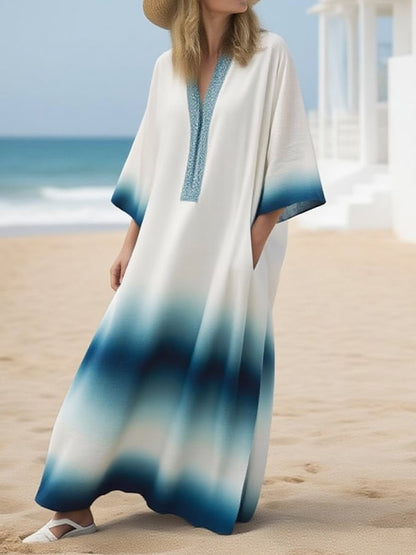 Women's Casual V-Neck Gradient Pattern Loose Dress