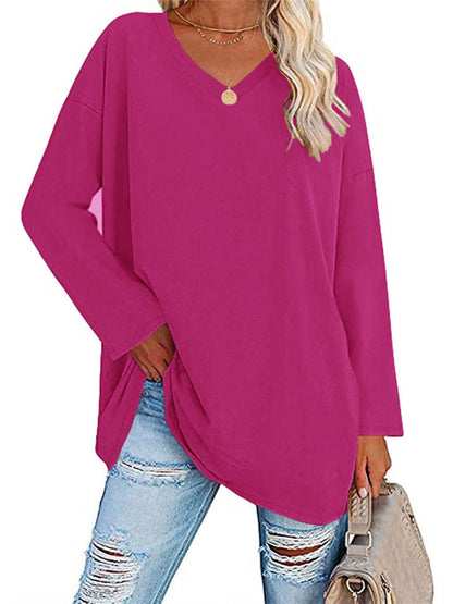 Ladies T-shirt New Multi-color Loose Drop Shoulder Sleeve V-neck Solid Color Women's Tops