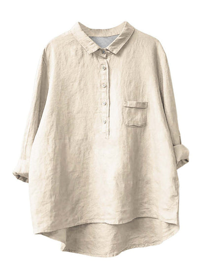 Women's New Long-sleeved Chinese Style Bamboo Hemp Printing Fashionable Versatile Lapel Solid Color Shirt